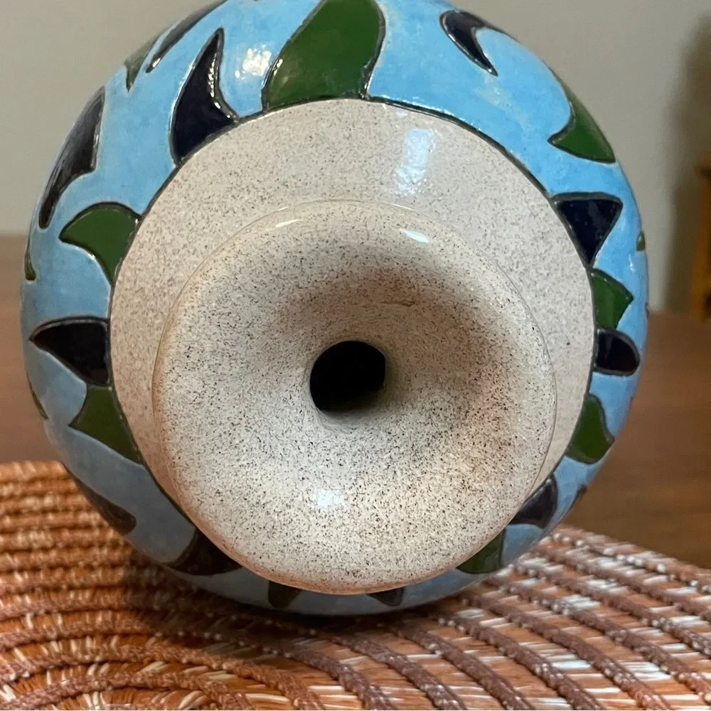 Ceramic Hand Painted Vase Blue Green Beige Signed by John Bell dated 9-22-04
